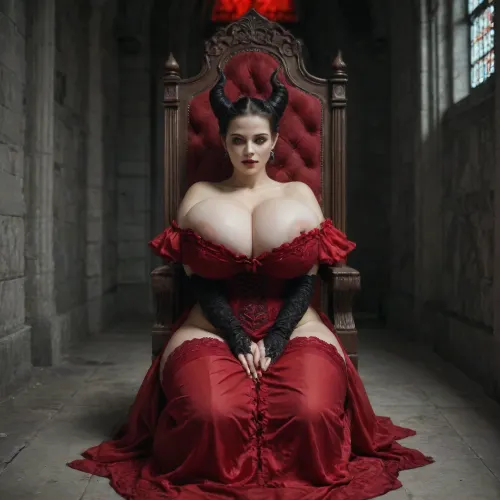 score_9, score_8_up, score_7_up, score_6_up, score_5_up, score_4_up, Extreme close-up, dark fantasy, tall mature woman over 40 with an hourglass figure, (Disney's Maleficent:1), (gigantic breasts:1), (massive breasts:1), (natural breasts:1.3), queen's Chair, dark room, evil castle, (super massive wide hips, Curvy Thighs, huge fat ass), pale skin, imposing appearance, dressed in an elaborate dark red lace dress with long lace gloves and high lace stockings. She sits majestically on a giant throne made of twisted, spiked red roots, her voluptuous curves accentuated by flowing, multi-layered fabrics. She is surrounded by a tall, gloomy Gothic cathedral — endless stone columns disappear into the shadows, and ancient cursed symbols glow faintly on the cracked walls. Above the throne, a huge window of blood-red stained glass casts an eerie crimson light throughout the hall. Long, tattered crimson banners flutter high beneath the vaulted ceiling. Thick fog swirls above the cold stone floor, candles flicker with an unnatural flame. The atmosphere is tense, magical, and full of foreboding, a mixture of eerie beauty and gothic horror. Dramatic red shadows emphasize its mysterious, almost otherworldly power., Dark, Fantasy, page, <lora:add-detail-xl:1.2>, <lora:Dark Fantasy:1.3>, <lora:_CHY_Scribouillard_V1:.8>, <lora:842553_training_data:.8>