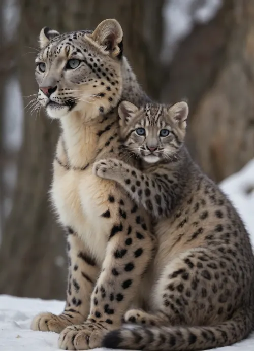 (snow leopard kitten sits on top on the back of a large female mother), playful look of a small snow leopard, which, ((put his paws around the neck of the female)), beautiful nature, accurate drawing.