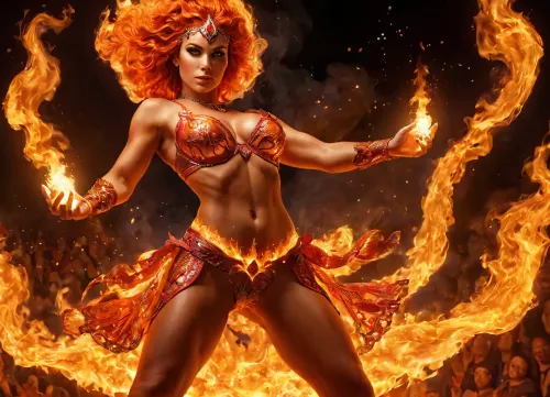 western comix style, sexy flame wandering artist, glowing bright red-orange, woman, muscular, action pose, carnival, fire show, <lora:EnvyElementalFireXL01:1>, ral-embrglt, <lora:ral-embrglt-sdxl:.8>