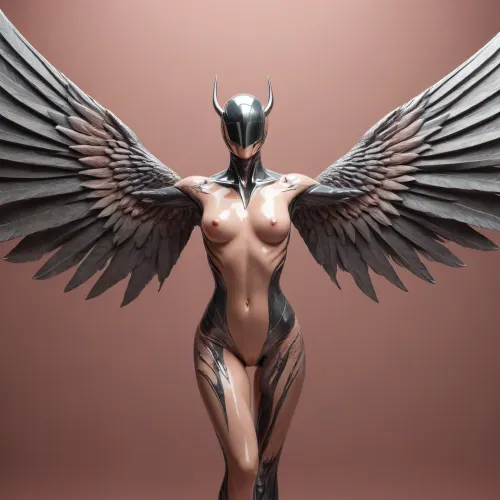 surreal neural duel cover. Split brain landscape, left IVORY PEAKS, right ROSY ABYSS. LEFT, SLENDER ANGEL, (26 y.o., athletic back), . MINIMALIST TRANSLUCENT WRAP, (waist-length), with swallow flock pattern, (#F0F8FF), . Wings, CRYSTAL SWALLOW FORMS. Holding OVAL SHIELD embossed with SHARP SWALLOW SILHOUETTE, (polished steel), . RIGHT, SLENDER DEVILESS, with graphite-rose skin. MINIMALIST TRANSLUCENT WRAP, (hip-length), patterned with STRAIGHT TAPERED CHROME CYLINDERS, (#B0B0B0), . Horns, TWO VERTICAL STEEL CYLINDERS, (bullet-tips), . Weapon, SPEAR of interlocked cylinders. ACTION, Angel blocking with shield, Deviless thrusting spear – kinetic clash. Between them, FRACTAL PEACH LIGHTNING, (#FFDAB9), . TEXTURES, Muscle definition, faceted crystal, brushed steel. COLOR PALETTE, Ivory, (#FFFFF0), peach glow, (#FFE5B4), graphite, (#383838), steel, (#C0C0C0), . LIGHTING, Top-down radiance highlighting backs/shoulders. Mood, Cerebral tension, synaptic combat. NO TEXT. Ultra-detailed, shield engraving, cylinder facets, (wing refraction. --style raw --ar 1:1)