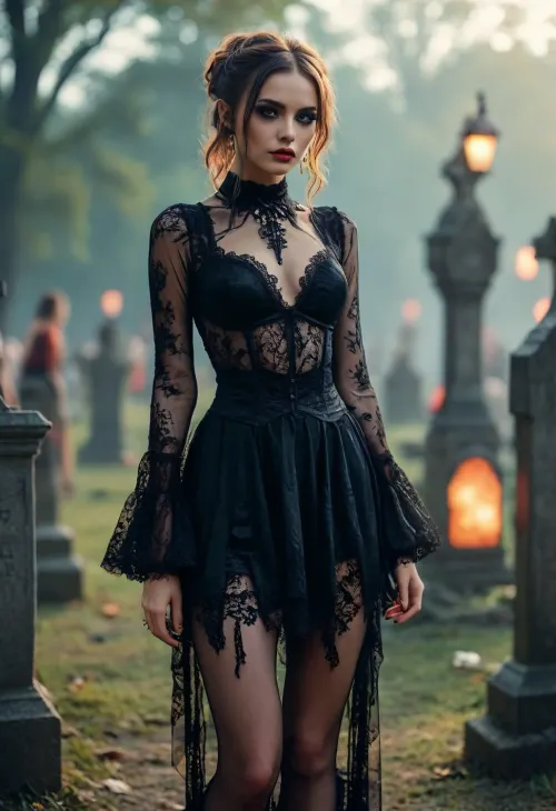 Group of gothic girls posing in a graveyard, 8k, photoreal, high quality, (smooth pussy), perfect tall body, long legs, intricate hairstyles, intricate transparent lace gothic dress, stockings, high heels platform, (sexy slut poses), raver, girl, at, a, festival, in, music, wearing, with, glitter, 2017, 2012, party, costume, <lora:add-detail-xl:.5>, <lora:MJ52:.8>, <lora:RaverGirls_XL_v1-000003:.8>