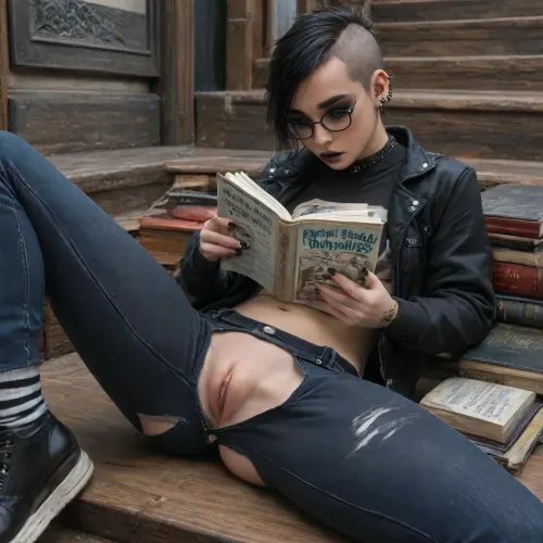 ((Emo:2)), ((pussy spread wide open:1.8)), ((Reading a book:1.9)), English, beautiful, 18 year old, innocent looking, happy, tits exposed, open jacket chest exposed, black and white striped white socks socks, flat black shoes, ((ripped black jeans with crotch open:1.8)), spread legs, sat on stairs, tattooed arms and legs, skinny body, perfect firm tits, small hard nipples, black hair, hairy pussy, ((skin head:1.8)), perfect face, choker, headphones, glasses, ultra HD, masterpiece, photo realistic, in a shop