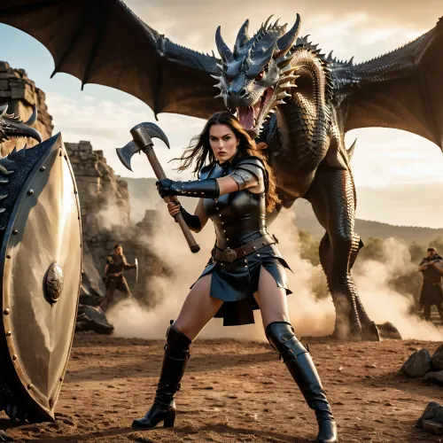 girl in tight latex with an axe and a shield fighting a dragon., <lora:aka-000002:.8>, VALHERO, <lora:Heroes_of_Valhalla_SDXL:.8>, Unfazed, dragon, <lora:Unfazed_dragon_-_XL SDXL:.8>, <lora:BREIZHCASTLE-XL-MK8:.8>