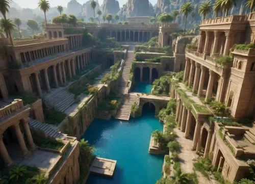 (Hanging Gardens of Semiramis:1.3), architecture of ancient Mesopotamia, (huge stepped terraces:1.2), cascading waterfalls, water structures, lush vegetation, (tall palm trees:1.1), lush greenery, (ancient ruins:1), (river:1), boats, (colorful facades:1.1), blue glazed tiles, tiles, bas-reliefs, arches, columns, (bright colors:1.2), fantasy art, photorealistic, detailed, high quality, cinematic, (soft light:1.1), dramatic, (fantasy:1.1), epic, wide angle, top view, concept art, 8K