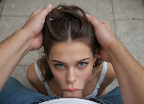 There is a stunning 25 year old woman with big boobs and athletic body with well-defined abs, well-built legs and pretty face, wearing white top and jeans shorts, (dressed), kneeling in front of white, athletic guy fully dressed with only dick sticking out of his pants, who gets deep blowjob from her, (1girl), (1guy), (deepthroat:2), (well-detailed), (detailed cock), slight make-up, man's POV, he grabs her hair, (hair pulling:1.3)