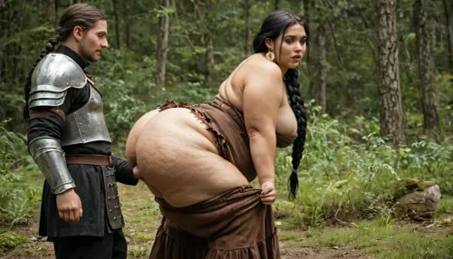 extreme fat, obese, fattened, overweight, severe cellulite, chubby, double chin face, beautiful inuit melanin ssbbw princess Pocahontas, with torn native-american brown dress, 2 long black braids, hairy pussy, groped, grabbed and sqeezed in her fat sagging belly by medieval soldiers in armor pants down, in the forest, <lora:Cine Princesses:.5>, side view