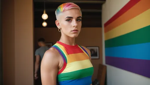 Young queer feminine boy, tight sporty mini dress, gay pride rainbow colors, non nude, thick eyebrows, piercings, very short shaved hair with undercut, ((full body view)), muscular