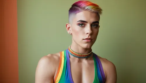 Young queer feminine boy, sleeveless high neck top, gay pride rainbow colors, non nude, thick eyebrows, piercings, very short shaved hair with undercut, ((full body view)), muscular