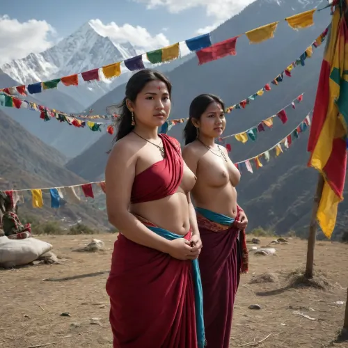 photorealstic, ultra detailed, pulled back zoom, leica, 32k, uhd, multiple girls, young chubby naked nepali girls in traditional clothes in front of mountain ridge and prayer flags, exposing breast, full body view, dynamic pose