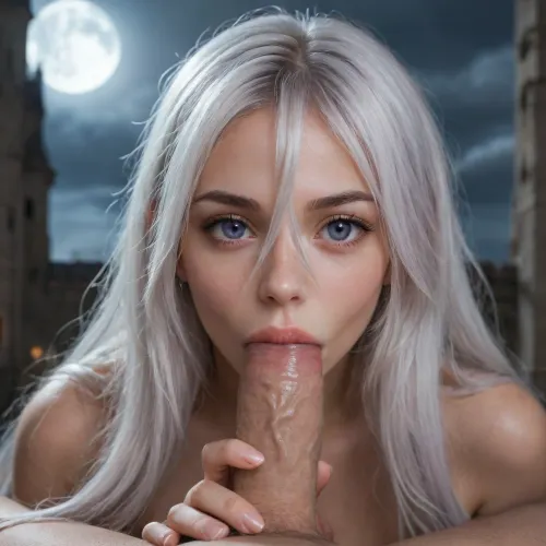 1 adult girl, 32 years old, (girl is adult), long pure white hair, few very bright purple hair, (long hair between eyes:1.4), big eyes, glowing purple eyes, staring at viewer, pale lips, very slender, naked, sucking penis, cock deep in mouth, fingers around penis, (viewer very close to face:1.2), on rooftops of cathedral, clouds, at night, moon light on girl, <lora:add-detail-xl:.8>