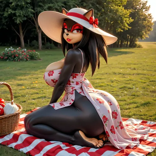 Genderbent Shadow the Hedgehog, black fur, tan skin, massive round fake bimbo breasts, tanlines, hyper waist, huge fake bimbo ass, clothing extremely tight, floral print sundress, in field of bones, red gloomy sunlight, sun hat, arched back, pale skin, pout, bimbo, clothing too tight, thick thighs, picnic blanket, picnic basket, front side view, dress around waist, very large pussy, (Anthro furry), (furry art)