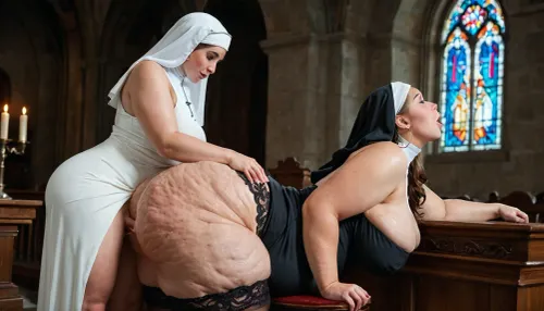 lesbian couple-bbw Nuns, 60 years old, extreme fat, obese, cellulite, fat double chin face, overweight, bare breasts, lace underwear, stockings, garters, thick, mature, print nun dress, groping and fingering each other in the old church cunnilingus, 2girls, girl, grabbing hard in her fat ass from behind, <lora:Cunnilingus XL:.8>, side view