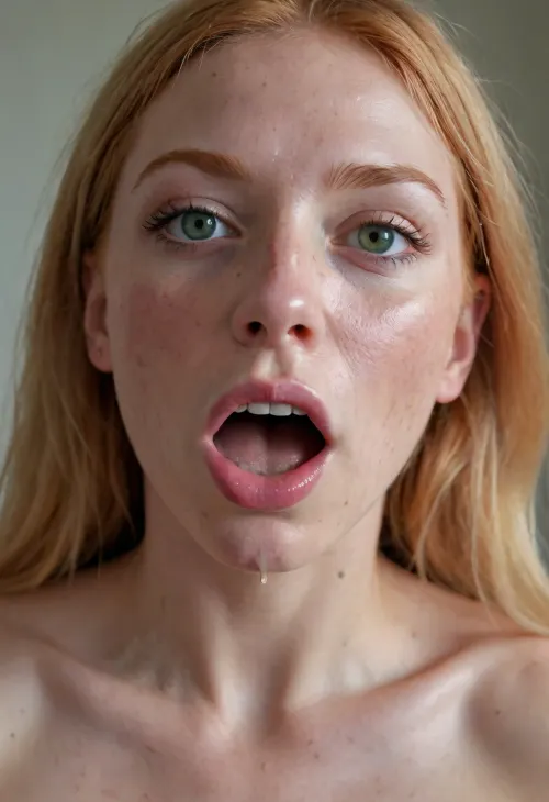 Photo of a pretty woman with green eyes and ginger hair, long messy white straight hair, flat breasted, small waist, small hips, small ass, (freckles), (freckles body), deepthroating a man, ballsdeep, face pressed against crotch, man grab long white hair, (((cum dripping from the side of her mouth))), (((cum on face))), (((cum in hair))), (((cum everywhere))), (((cum leaking from nostrils))), man light skin, Nikon Z9, realistic matte skin, skin texture visible, (sharp focus), (high quality), (face visible), deep throat, (pov_deepthrt)
