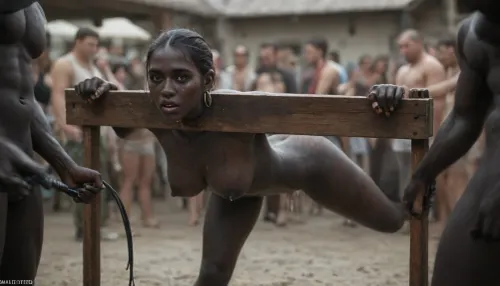 pillory on a crowded market place, ((A 19 years old kenyan slave_girl with absolutely black skin, (((absolutely black skin girl))))), big ass, medium tits, whipped out by master, tied up, suspended, gallons of cum on her body, (((whipping marks))), (((bruises))), (((long distance shot)))