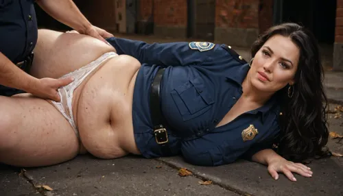 2 mem, 1 woman-two very old, skinny, ugly, police officers, (complete serious clothed in police uniform-not nude), men groping, grabbing and fingering a orgasm looking, Incredibly, extreme fat, obese, heavy cellulite, fat round double chin face, heavy overweight, fat rolls, big, meaty ass, wide hips, thick tights, beautiful chubby ssbbw MILF in a dark corner of a dirty, devasteded public street, between a lot of garbage, at night.the Sexy, extreme fat ssbbw MILF wears an open coat, her panties pulling down, her underwear is torn, she has a hairy pussy, armpits . She has Natural drooping breasts. Full lips, detailed eyes, long dark, straight black hair. She has a big fat belly with folds of fat and gets groped hard in her fat rolls belly by the horny, evil officers from behind-eye contact
close up, lying
woman more fat, ssbbw !!!!!