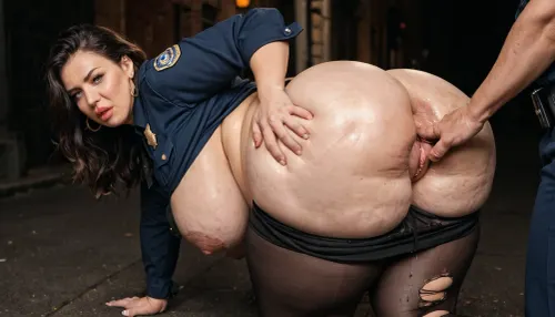 2 mem, 1 woman-two very old, skinny, ugly, police officers, (complete serious clothed in police uniform-not nude), men groping, grabbing and fingering a orgasm looking, Incredibly, extreme fat, obese, heavy cellulite, fat round double chin face, heavy overweight, fat rolls, big, meaty ass, wide hips, thick tights, beautiful chubby ssbbw MILF in a dark corner of a dirty, devasteded public street, between a lot of garbage, at night.the Sexy, extreme fat ssbbw MILF wears an open coat, her panties pulling down, her underwear is torn, she has a hairy pussy, armpits and her fat legs are spread . She has Natural drooping breasts. Full lips, detailed eyes, long dark, straight black hair. She has a big fat belly with folds of fat and gets groped hard in her fat rolls belly by the horny, evil officers from behind-eye contact
close up, side view
woman more fat, ssbbw !!!!!