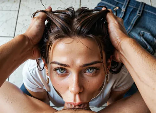 There is a stunning 25 year old woman with big boobs and athletic body with well-defined abs, well-built legs and pretty face, wearing white top and jeans shorts, (dressed), kneeling in front of white, athletic guy fully dressed with only dick sticking out of his pants, who gets deep blowjob from her, (1girl), (1guy), (deepthroat:2), (well-detailed), (detailed cock), slight make-up, man's POV, he grabs her hair, (hair pulling:1.3)