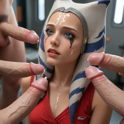 Star Wars The Clone Wars, Ahsoka Tano, anime, runny mascara, ruined makeup, ultra-detailed, serves as a cum target for 4 men, drinking cum, cum gush, cum gush in her mouth, 4 dicks in a picture, cum stream, realistic body, dick on her face, dick touching chin and eyes, lip on dick, cum overflow, realistic anatomy, sharp focus, 8k uhd, RAW amateur photo
