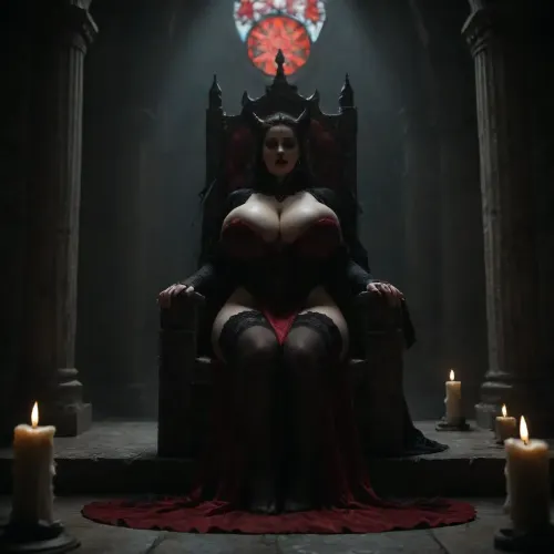 score_9, score_8_up, score_7_up, score_6_up, score_5_up, score_4_up, Extreme close-up, dark fantasy, tall mature woman over 40 with an hourglass figure, (Disney's Maleficent:1), (gigantic breasts:1), (massive breasts:1), (natural breasts:1.3), queen's Chair, dark room, evil castle, (super massive wide hips, Curvy Thighs, huge fat ass), pale skin, imposing appearance, dressed in an elaborate dark red lace dress with long lace gloves and high lace stockings. She sits majestically on a giant throne made of twisted, (giant throne:1.3), giant throne spiked red roots, her voluptuous curves accentuated by flowing, multi-layered fabrics. She is surrounded by a tall, gloomy Gothic cathedral — endless stone columns disappear into the shadows, and ancient cursed symbols glow faintly on the cracked walls. Above the throne, a huge window of blood-red stained glass casts an eerie crimson light throughout the hall. Long, tattered crimson banners flutter high beneath the vaulted ceiling. Thick fog swirls above the cold stone floor, candles flicker with an unnatural flame. The atmosphere is tense, magical, and full of foreboding, a mixture of eerie beauty and gothic horror. Dramatic red shadows emphasize its mysterious, almost otherworldly power., Dark, Fantasy, page, <lora:add-detail-xl:2>, <lora:Dark Fantasy:2>, <lora:_CHY_Scribouillard_V1:2>, <lora:dark:1.2>