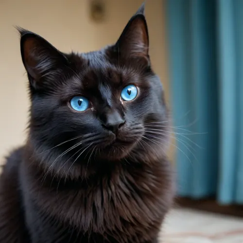 thin cute black fluffy cat with blue eyes
