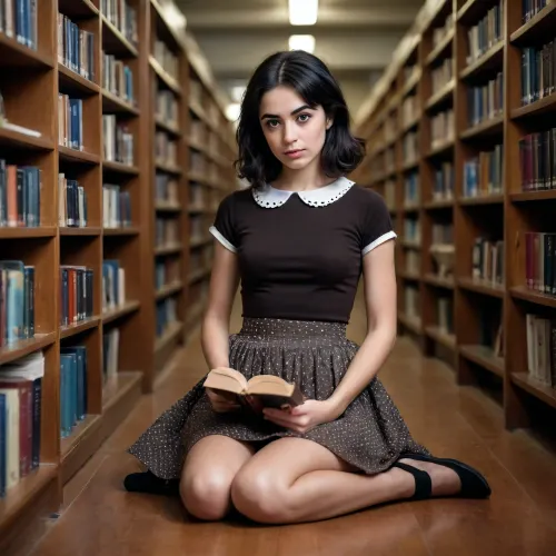 Young Italian Adult woman, black hair, sad dark big eyes, big mouth, small breast, fluff skirt with white dots, tight brown top, reading books in library, full body view