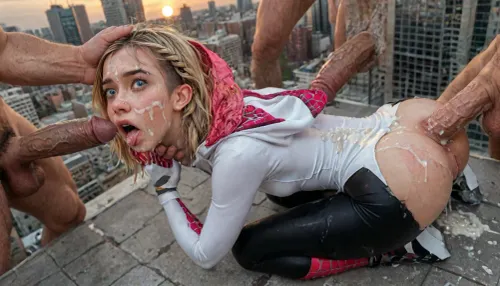 summer heat, bright sun, clear weather, ((Close-up girl)), (18 years old), (young), (spider girl Gwen), Braided side Side Cornrows Hair, (tight outfit), athletic body, hood on head, (blonde with pink strands), ((on the roof of a high-rise building, New York, daytime)), (((pyssy cameltoe))), hand, perfect body, gorgeous face, beautiful face, (highly detailed hair), (highly detailed face), highly detailed body, freckles, full body, anal, stretch anus, painful anal, gang bang, group anal rape, tight anal, scared face, realistic cum, (cum on clothes:1.4), cum on, (Cum flows:1.5), (cum on body:1.4), cum on hair, (cum on face:1.7), bukkake, ((Clothes and body covered with semen)), (mouth filled with cum:1.5), (cum on hair:1.3), woman, cum, on, face, anal spitroast, gagging on cock, screaming, shocked, tearful, huge penis penetrating anus, deep anal penetration, deep throat penetration, realistic, anatomically correct, spitroast, shot from below, Uber realistic, 8k, ultra detailed, arched back, ((Ultimate realistic photo details)), (((dynamic sexy pose))), (((bright sunlight))), detailxl, large, breasts, big, boobs, huge, tits, 35mm photograph, film, professional, 4k, highly detailed, 1girl, 5 boys, hdr, photographic, ultra realistic, ultra high details, back light, looking at viewer, (front view), (dynamic pose), high resolution, anal sex, with large muscular black men, gargantuan black cocks, anal sex expansion, large hyper muscular black men, (enlarged gaping rectum), oral cream pie, interracial gangbang, (interracial sex), swollen black veiny cocks, (double anal penetration), hardcore double penetration, proper physics, big black cocks, muscular black interracial gangbang, extremely graphic, shocked expression, beautiful hands, massive cum in ass, five distinct non-fused fingers on each hand, hyperrealistic, 8K, BadX, Stable-Yogis-Makeup-Enhancer-XL, spectacular lighting, (((large massive, veiny cock in mouth:1.16))), (eyes wide open in horror:1.72), (wide mouth spreader:1.12), (pleading expression:1.28), (terrified:1.36), (crying:1.24), (fear and panic:1.36), (very high view:1.7), (man is choking her from behind:1.4), ((hogtied, bound for sex, tied up)), red whip marks on body and tits, (whip_marks:1.18), (flogged_tits:1.24), slap marks, deepthroat, black spiked pet collar with leash, tied up in chains, hands behind back, (anal:1.5), (masterpiece:1), blushing, DETAILED background, porn photoshoot, (huge dick), (creamy deep deepthroat:1.24), (extreme oral sex:1.4), (huge massive white dick:1.4), (cum), (hands holding hair), (huge dick:1.4), (creamy deep deepthroat:1.12), (bukakke), (cum in face, cum on body), (covered in cum), <lora:JustCum:2>, <lora:detailed_notrigger:2>, <lora:add-detail-xl:2>, <lora:677862_training_data:2>, <lora:LCMTurboMix_Euler_A_fix:2>