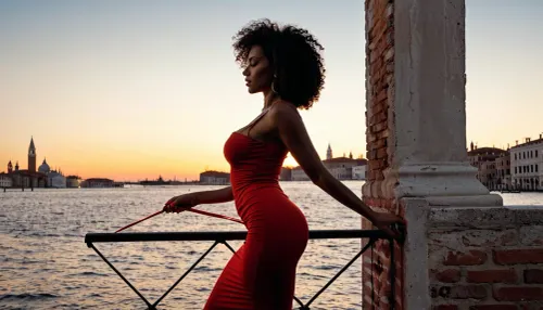 beautiful 50-years-old Afro-American woman with messy curly black hair, brown skin, dark eyes, no tattoos, dark-red painted nails. very dim light, a lot of shadows. fully clothed, colourful dress, scenery in Venice at night. view from the side.
