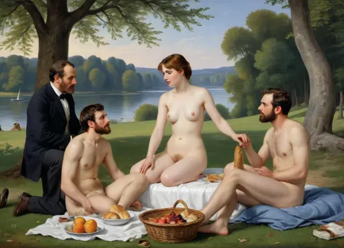 masterpiece, full color image, 8K quality, "Breakfast on the grass"— a painting by the French artist Edouard Manet, painted in 1863. two fully clothed men with a naked beautiful woman and a bathing girl in the background in nature, a naked woman shamelessly looks directly at the viewer, the style of the painting breaks with the academic traditions of the time. The harsh "photographic" light eliminates semitones, and the men are dressed like dandies. They're so engrossed in the conversation that they don't seem to notice the women at all. In front of them lies discarded women's clothes, a fruit basket and round bread. In the background, a second woman in light clothes washes in the river. The painting puzzles with the "wrong" perspective, an excessively large female figure in the background in an autonomously illuminated, unreal space. The background of the painting lacks depth, giving the impression that the whole scene is not taking place in nature, but in a studio. This impression is enhanced by the light, which gives almost no shadows. The painting is made with oil paints