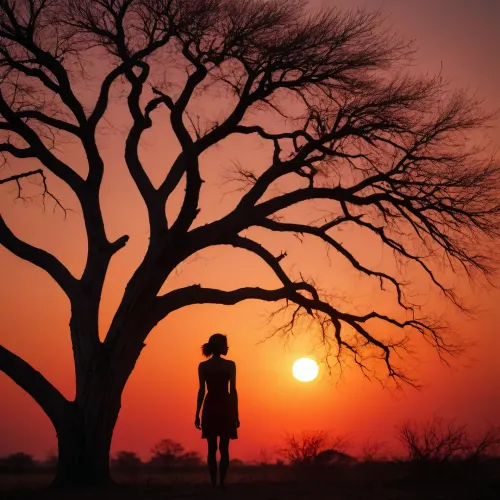 Sunset in the savannah, blood-red horizon, silhouette of a bare tree in the background, silhouette of a woman.