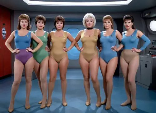 A crazy old photo of five different beautiful corpulent retro Star Trek grannies, standing in a space ship command central from Enterprise in colored transparent nylon suits, have a wrinkled face, all in brown nylons and beige nylons, very nice feet, large camel too, big bust extra large boobs, plus size long hanging breast under tank top, braless, big brown nipples looks through very short transparent tank top, up on the blue floor two little hairy colored aliens, full body show in performance poses, photo-realistic picture, action cinema, studio