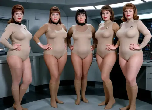 A crazy old photo of five different beautiful corpulent vintage Star Trek ladies, standing in a space ship command central from Enterprise in colored transparent nylon suits, have a wrinkled face, all in brown nylons and beige nylon knie socks, big bust extra large, plus size hanging breast, braless boobs, big nipples looks through very short transparent top, full body show in performance poses, photo-realistic picture, action cinema, studio