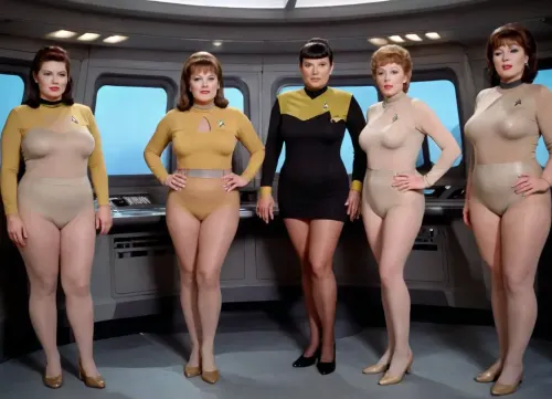 A crazy old photo of five different beautiful corpulent vintage Star Trek ladies, standing in a space ship command central from Enterprise in different colored high transparent nylon suits, have a wrinkled face, all in brown pantyhose over suits and beige nylon knie socks, big bust extra large, enormous plus size hanging breast, braless saggy boobs, big round nipples looks through very short transparent top, full body show in performance poses, photo-realistic picture, action cinema, studio