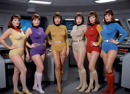 A crazy old photo of five different beautiful corpulent vintage Star Trek ladies, standing in a space ship command central from Enterprise in colored pantyhose, have a wrinkled face, all in brown nylons and beige nylon knie socks, big bust extra large, plus size hanging breast, braless, big nipples looks through very short sheer tank top, full body show in different poses, photo-realistic picture, action cinema, studio