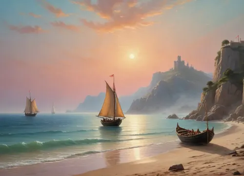 The painting is in the style of the Russian artist Ivan Konstantinovich Aivazovsky.In the central part of the canvas there is a sailboat standing on a raid near the walls of the Genoese fortress. The rays of the rising sun turn the sails of the ship pale pink. The turquoise expanse of the sea is calm, and the unfurled sails are reflected in it, as if in a mirror. In the foreground of the painting, on a sandy beach near the sea, the viewer sees a cart pulled by two oxen and a boat approaching the shore. Near the cart and boat, the author depicted local residents dressed in national costumes.
In the haze of morning fog, the outlines of sailboats standing in the bay are barely discernible. The rays of the sun rising over the mountains fill the sky, the peaks of the rocks and the sea near the horizon with a warm lemon yellow color.
In the misty haze on the tops of the coastal cliffs, you can see the ancient towers of the ancient Genoese fortress.
The painting is imbued with lyrical romanticism, which is especially felt on Aivazovsky's canvases, painted in the so-called oriental taste.