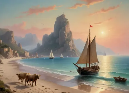 The painting is in the style of the Russian artist Ivan Konstantinovich Aivazovsky.In the central part of the canvas there is a sailboat standing on a raid near the walls of the Genoese fortress. The rays of the rising sun turn the sails of the ship pale pink. The turquoise expanse of the sea is calm, and the unfurled sails are reflected in it, as if in a mirror. In the foreground of the painting, on a sandy beach near the sea, the viewer sees a cart pulled by two oxen and a boat approaching the shore. Near the cart and boat, the author depicted local residents dressed in national costumes.
In the haze of morning fog, the outlines of sailboats standing in the bay are barely discernible. The rays of the sun rising over the mountains fill the sky, the peaks of the rocks and the sea near the horizon with a warm lemon yellow color.
In the misty haze on the tops of the coastal cliffs, you can see the ancient towers of the ancient Genoese fortress.
The painting is imbued with lyrical romanticism, which is especially felt on Aivazovsky's canvases, painted in the so-called oriental taste.