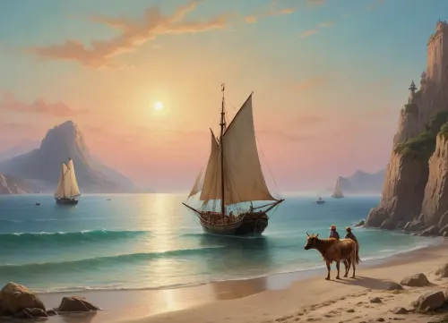 The painting is in the style of the Russian artist Ivan Konstantinovich Aivazovsky.In the central part of the canvas there is a sailboat standing on a raid near the walls of the Genoese fortress. The rays of the rising sun turn the sails of the ship pale pink. The turquoise expanse of the sea is calm, and the unfurled sails are reflected in it, as if in a mirror. In the foreground of the painting, on a sandy beach near the sea, the viewer sees a cart pulled by two oxen and a boat approaching the shore. Near the cart and boat, the author depicted local residents dressed in national costumes.
In the haze of morning fog, the outlines of sailboats standing in the bay are barely discernible. The rays of the sun rising over the mountains fill the sky, the peaks of the rocks and the sea near the horizon with a warm lemon yellow color.
In the misty haze on the tops of the coastal cliffs, you can see the ancient towers of the ancient Genoese fortress.
The painting is imbued with lyrical romanticism, which is especially felt on Aivazovsky's canvases, painted in the so-called oriental taste.