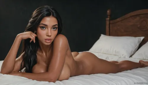 Disney’s Pocahontas, solo, full lips, thick lips, huge chest circumference, dark olive skin, naked, sexy pose on the bed, black background