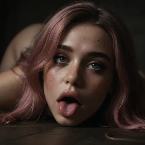 (only girl), (solo), (t33n), (no penis), (dark makeup), (Top-down view), (The head is raised), (Looks up), (only head), (very t1ny face, v3ry young face, very cute face, Bаby face, Freckles, much Freckles, green eyes, pink hair color, very long hair, lush hair, small nose, cute nose, Plump lips, Big lips, Thick eyebrows, Plump eyebrows, pink eyebrows, Dyed eyebrows, Ruined makeup, Ruined, makeup, Crying makeup, Sticking tongue, saliva on tongue, split on tongue, Slobbery tongue, saliva in mouth, split China, Rolled eyes), (ahegao), (ahegao eyes), (orgasm face), (tongue), (Rolled), (open mouth), (split), (slobbery), 1girl, supermodel, face, big, lips, <lora:dark:.5>, <lora:Beautify-Supermodel-SDXL:2>