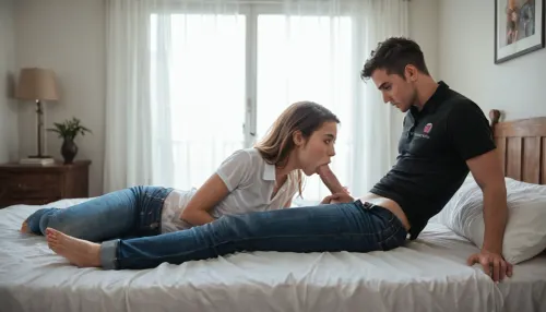 A bedroom with a bed. A young couple, (Both 18), is sitting on the bed. 1 man, 1 Woman, Both are wearing long jeans and polo shirts. His pants are open. He has a normal penis. Blowjob, Full Body Foto, highly detailed, photorealistic.