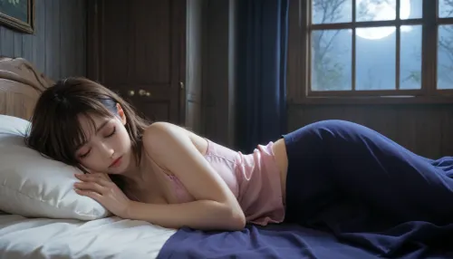 Young 19 years old woman, long brown smooth hair, no make-up, closed eyes, large breasts, sleep in a short light dark pink nightie, white bed cover on woman's legs, lying on her side on the bed, very large double bed, small moonlight, bay window, misty forest outside, modern house, (dark night:1.9), ((full room seen for afar))