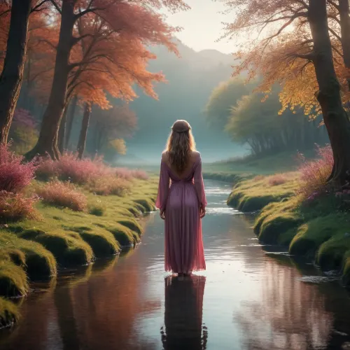 Imaginative natural landscape, beautiful colors, mythical creatures. Gentle atmosphere, dreamy women.