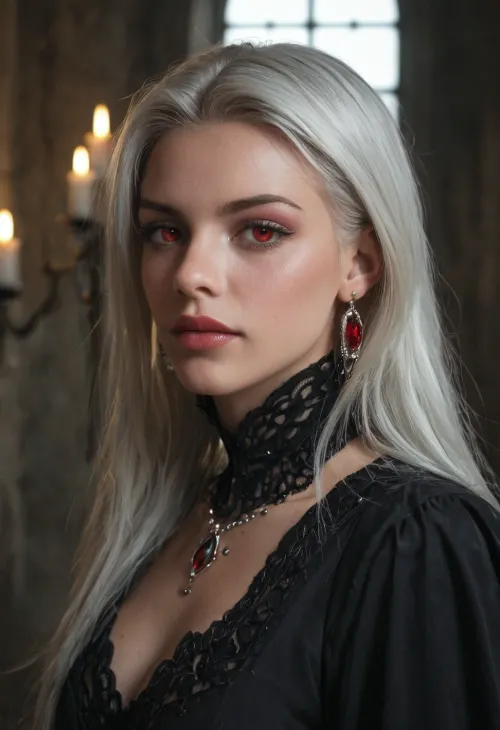 Viconia DeVir, iconic drow cleric from Baldur’s Gate, strikingly beautiful yet cold and enigmatic. Dark obsidian skin with a faint ethereal glow, long flowing white hair, piercing crimson red eyes filled with cunning and mystery. Wearing elegant yet practical drow clerical armor of black leather and silver accents, adorned with spider and web motifs, Shar’s holy symbol hanging from her neck. Standing in a shadowy Underdark cavern with glowing mushrooms and faint purple light, or in a moonlit temple of Shar. Radiating both divine power and deadly allure, dark high fantasy art, ultra-realistic, highly detailed, cinematic atmosphere.