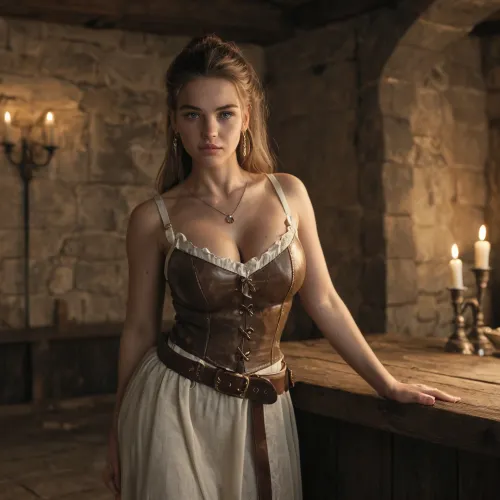 Imoen from Baldur’s Gate, cheerful and adventurous young thief-mage companion, slim and athletic build with an approachable beauty. Fair skin, bright blue eyes full of curiosity, long wavy light reddish hair tied back with loose strands framing her face, playful yet determined expression, large bimbo breasts. Wearing her iconic adventurer’s outfit, practical leather armor with light cloth accents, belt with pouches. Subtle arcane glow around her hands, hinting at her mage training. Standing in a medieval fantasy setting, candlelit tavern, ancient dungeon corridor, or grassy battlefield under a moonlit sky. Highly detailed, ultra-realistic high fantasy art, vibrant yet gritty atmosphere, cinematic lighting.