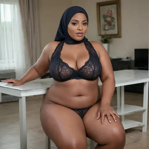 Femme Ebony de 50 ans, potelé, curvy, bbw hijab, en nuisette transparente, corps complet, écarte le cuisses assise sur une table se caresse entre les jambes et attrap un sein