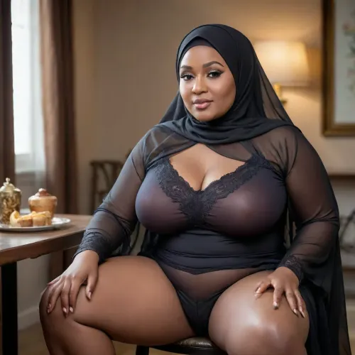 Femme Ebony de 50 ans, potelé, curvy, bbw hijab, en nuisette transparente, corps complet, écarte le cuisses assise sur une table. Femme Ebony de 50 ans, écarte le cuisses assise sur une table se touche entre les jambes et touche un sein