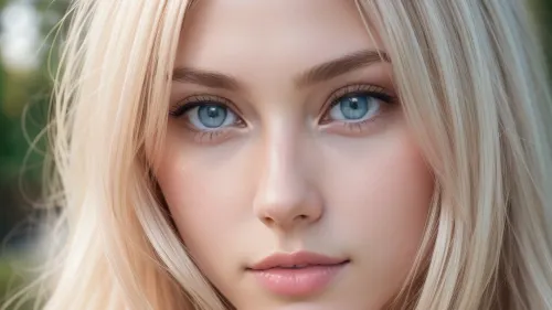 macro shot, close-up on face, 18 year old beauty, finnish supermodel, (skinny:1.1), extremely pretty, extremely beautiful, (extremely innocent), instagram model, blonde, high cheekbones, narrow chin, beautiful blue eyes, ultra smooth skin, flawless skin, semi-glossy skin, (pale ivory skintone:1), smooth silky long hair, NO makeup, ultimate realism, pink pussy, She should have a natural, sad and charming expression, illuminated by soft golden sunlight., the color scheme of which corresponds to the background, which should have a picturesque outdoor setting, perhaps a sun-drenched beach. Take a high-resolution photo using an 85mm lens to get an attractive angle, depth of field, soft front light, HDR, (muted colors:1.2), Canon RF 100mm F2.8L Macro IS USM