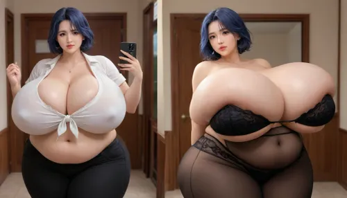 The most perfect Masterpiece of the most perfect fattening weight gain before-and-after photography, (once just an extremely incredible extra extra FATTER thick plump woman:1.3), mega extremely gargantuan hyper FAT breasts that are growing, extra mega plump body, extremely extra mega voluptuous, extremely mega extra extra FAT thick Asian American woman with thick wide hips, (she is showing off before and after side by side sequence mulilple veiws of her immensely hugely drastic weight gain FATTER much more way thicker fuller FATTER hourglass body figure:1.2), gargantuan fat ass, (hyper drastic change so much more hyper mega gargantuan FAT breasts expansion:1.2), (ultra mega gargantuan hyper huge mega FAT sized breasts:1), (before and after many years of fattening to gain mass amounts weight and fat:1), (she has sexy long straight black blue hair:1), <lora:Venus_Body_Alpha:1.2>, <lora:InflationXL:1.3>, <lora:Nicorima Style:1>, (before-and-after sequence in progression of weight gain of fat showing of her voluptuous fat breasts and fat ass expansion because of her weight gain:1.1), (hyper fat busty woman:1), (ultra high detailed hdr selfies of her hyper enlarging fattening weight gain and expansion more voluptuous:1), (best face:1), (very thick fat wide hips:1)