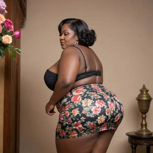 a fat, short bbw, busty 65 year old very black women, plump, round very wide ass, from the side, thick thighs, huge breasts. small waist, flowery, micro skirt