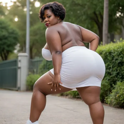 a large short bbw busty 65 year old very black woman, plump, round very wide ass, from behind, thick thighs, very large huge sagging breasts. small waist, very short hair. wearing a tight white very short mini skirt.