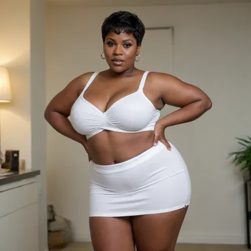 a large short bbw busty 50 year old very black woman, plump, round big wide ass, big hips, thick thighs, very large huge sagging breasts. small waist, very short hair. wearing a tight white very short mini skirt.